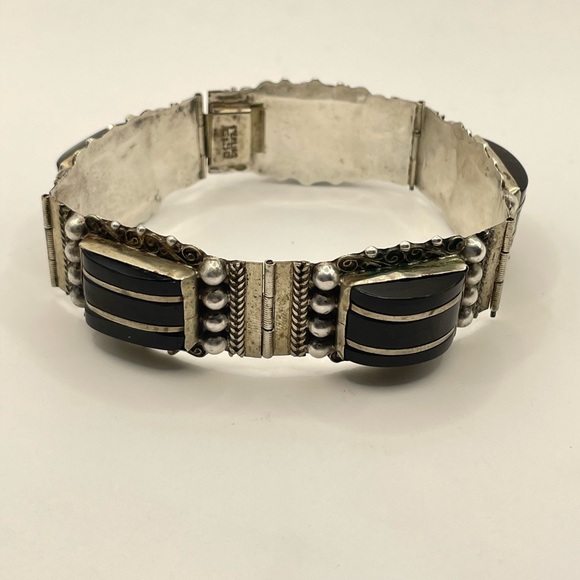 Vintage Mexico Sterling Silver Cord Black Onyx Hinged Link Bracelet 7” Long! - Picture 2 of 4